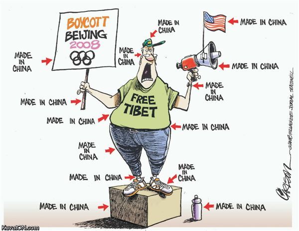 Funny Beijing 2008 cartoon Even the American flag is made in China
