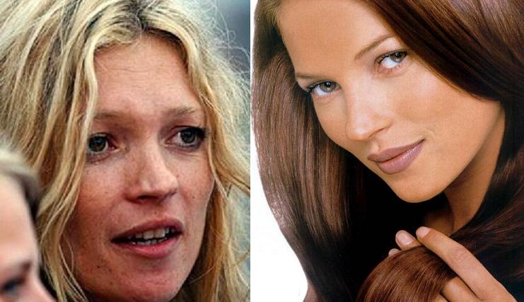 Celebrity Before And After Makeup. Kate Moss In a Bra